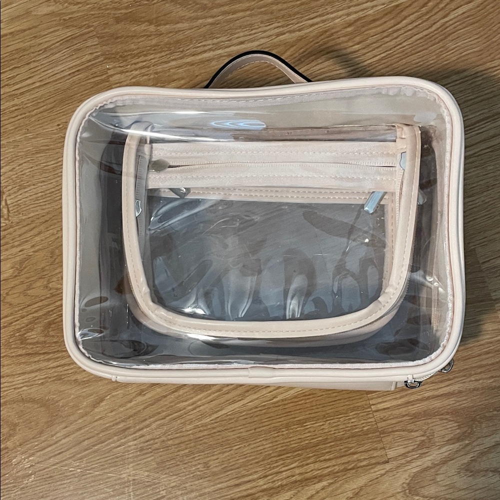 Clear Travel Makeup Bag with Beige Trim